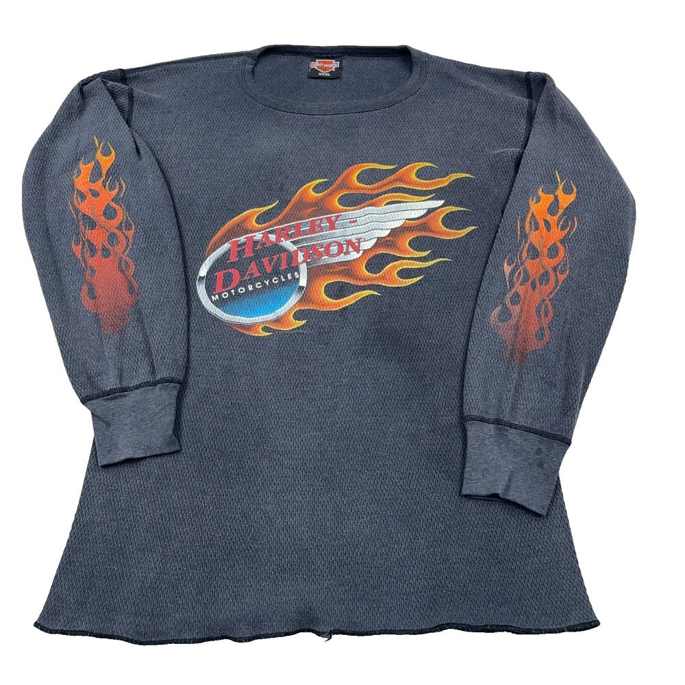 Vintage Harley Davidson Shirt Men 3XL Black Thermal Fire Flames Faded 90s Worn